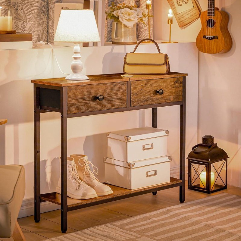 29.5" Narrow Console Table With 2 Fabric Drawers, Small Entryway Table With 2-Tier Storage Shelves, Thin Sofa Table, Side Table, For Living Room, Hallway