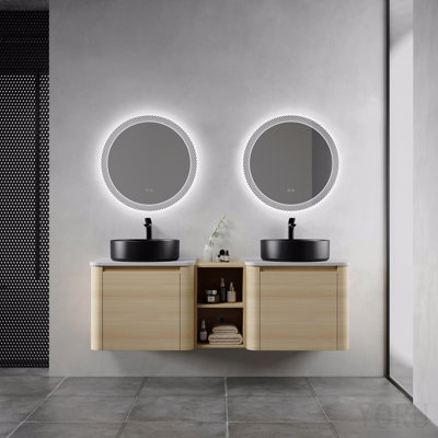 Meuble-lavabo mural 60 po avec lavabo d'art en céramique et 1 tablette de rangement, porte à fermeture en douceur, emballage Kd, contreplaqué