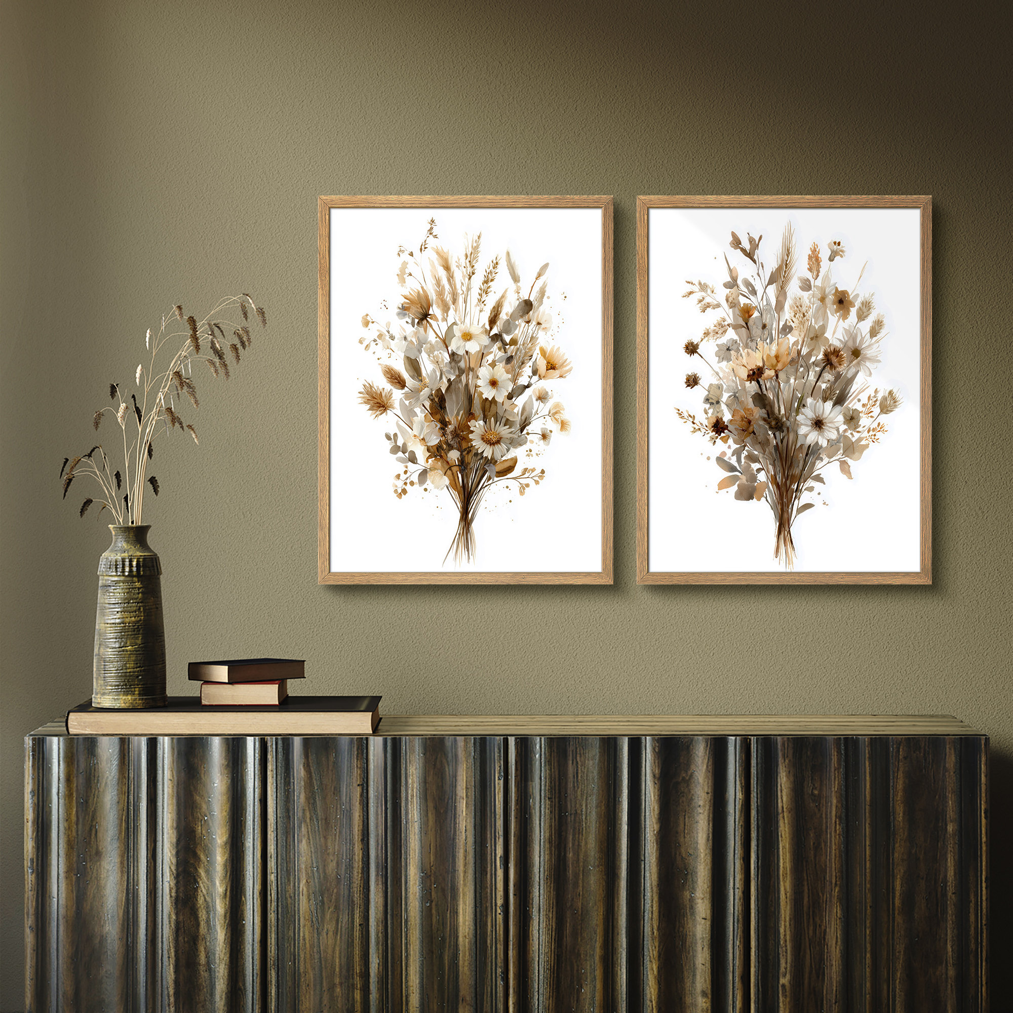 SIGNLEADER Neutral Botanical Bouquet Pair Framed Wall Art Prints Set of ...