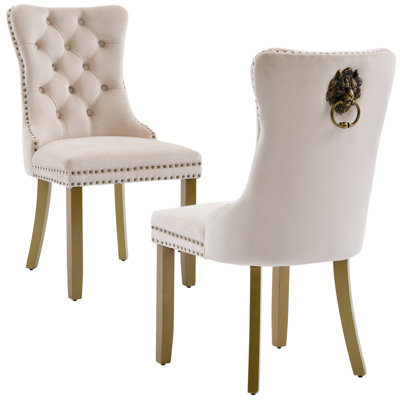 Aalbert Traditional Velvet Wingback Tufted Solid Wood Upholstered Dining Chairs With Lion Head Pull Ring