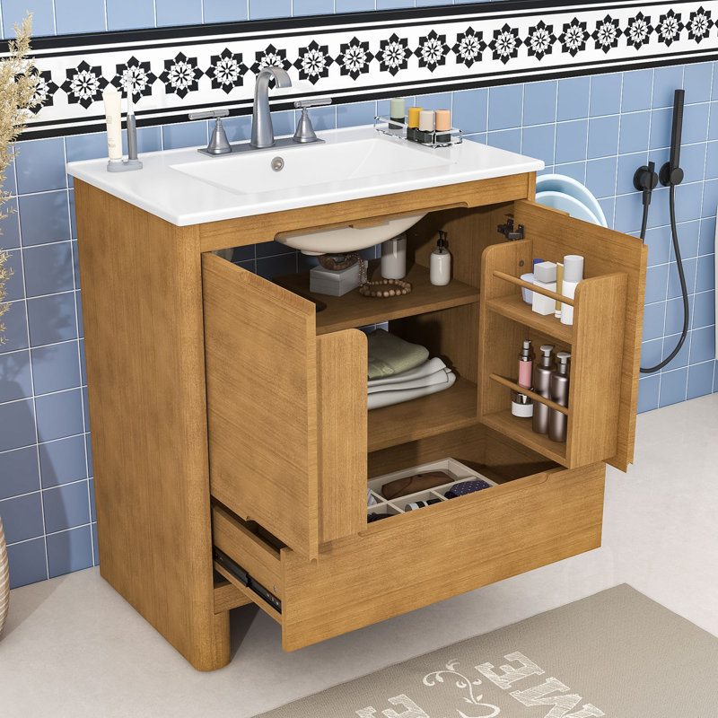 Meuble-lavabo moderne avec lavabo durable et rangement, Naturel
