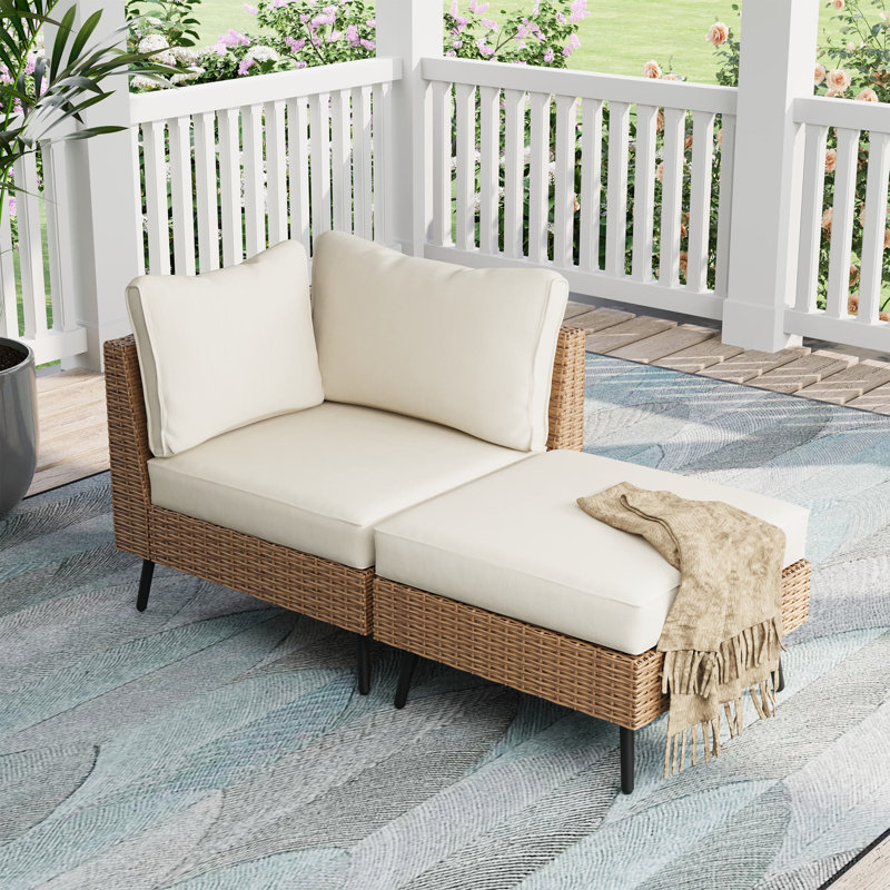 Ensemble de conversation pour 2 personnes avec 1 canapé d'angle en osier et 1 repose-pieds , Beige/brun