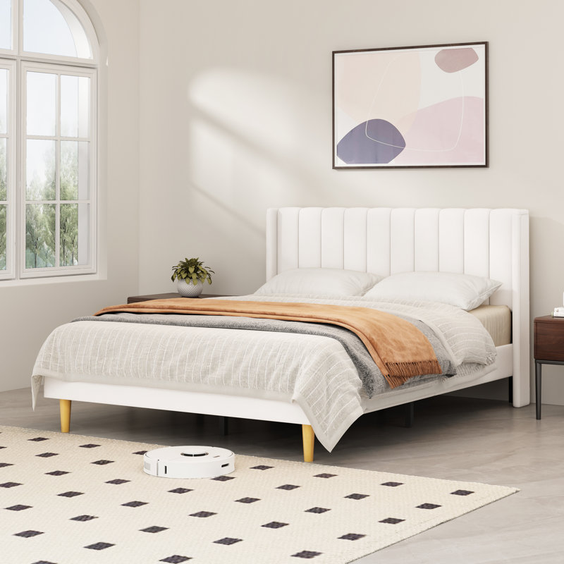 Deeb Luxury Corduroy Upholstered Platform Bed Frame - Modern Wingback Design,No Box Spring Needed, Noise-Free, Queen, Cream