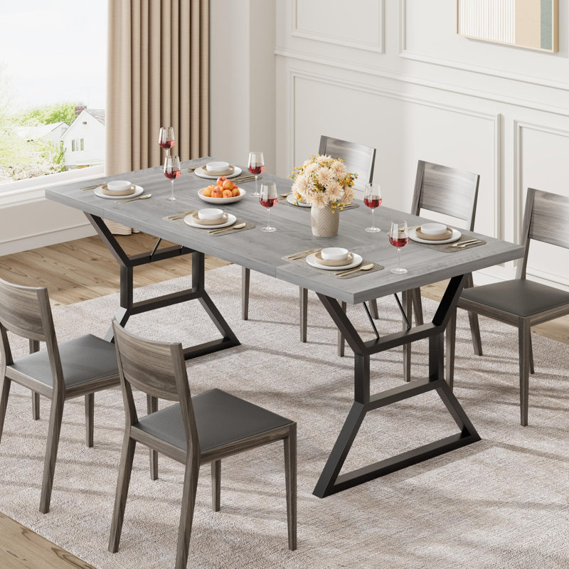 70.9''Large Dining Room Table for 6, Rectangular Kitchen Table with Heavy Duty Metal Legs, Farmhouse Wooden Dining Table for Big Family (Grey)