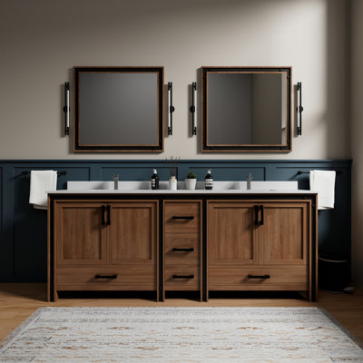 84 po Large meuble-lavabo double rustique - 22 profonds, fermeture en douceur, deux armoires et cinq tiroirs pour l'espace de rangement, bois massif avec contreplaqué E0, rangement intérieur entièrement assemblé, panneaux de contreplaqué,