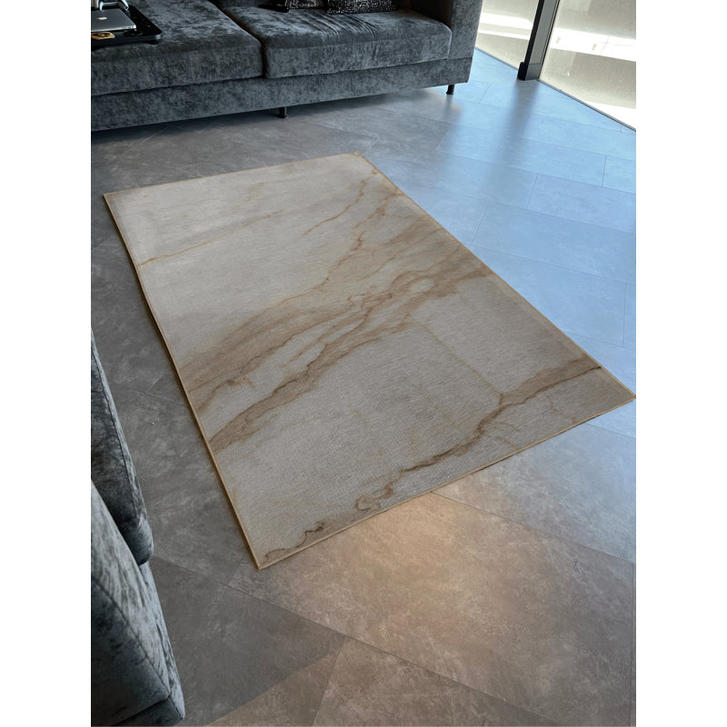 Tapis décoratif moderne beige à motif de marbre abstrait, Rectangle 5 pi 1,02 po x 7 pi 6,55 po