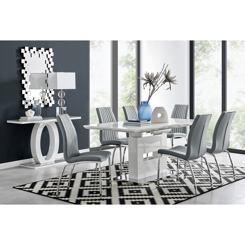 Ensemble de table de salle à manger extensible haute brillance Areza avec chaises de luxe en similicuir, gris