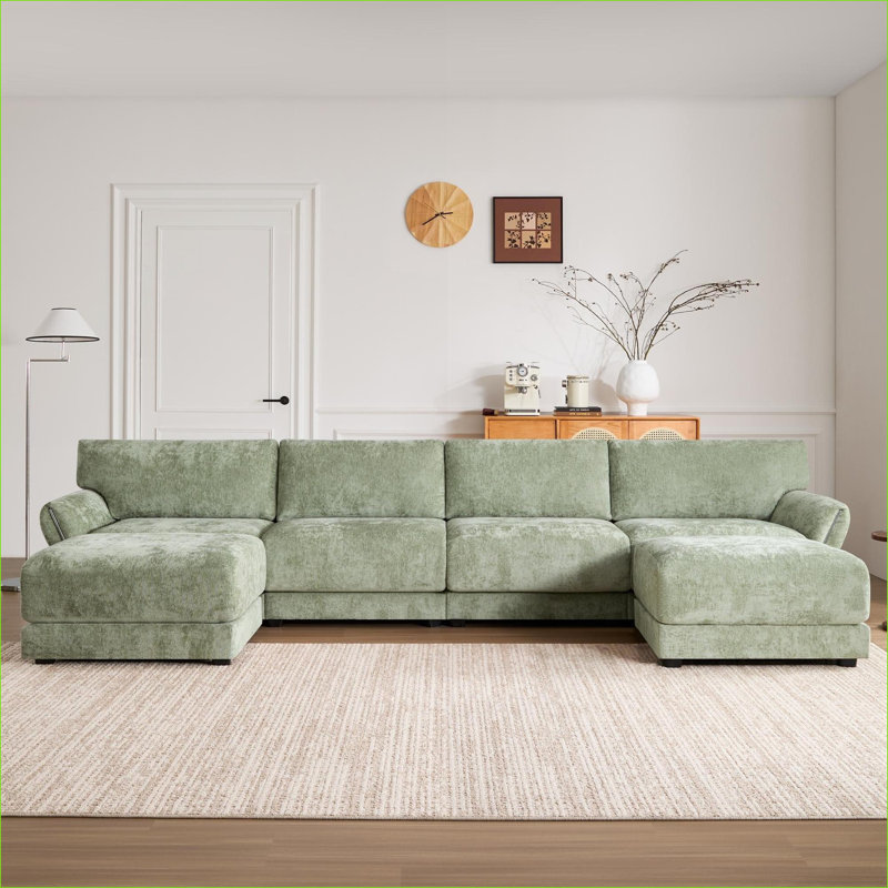 Canapés modulaires | 142 pouces moderne modulaire en U de 142 po pour le salon, charge USB et repose-pieds mobile de type C | Chenille | Vert