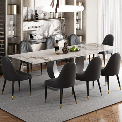 Ensemble de table de salle à manger extensible en fritté de 94,5 po avec 8 chaises en similicuir, ensemble de salle à manger de luxe moderne 9 pièces avec base en U en acier inoxydable