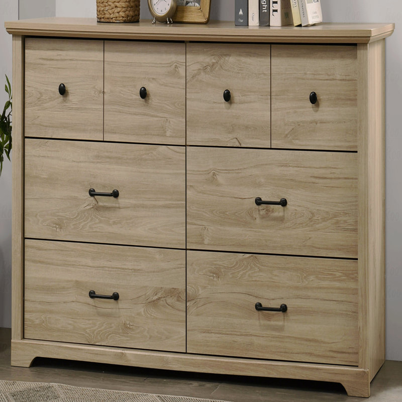 Commode 6 tiroirs, l 57 po avec poignées noires, Brun