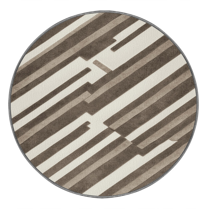  Tapis taupe lavable à rayures blanches, Rond 4 pi