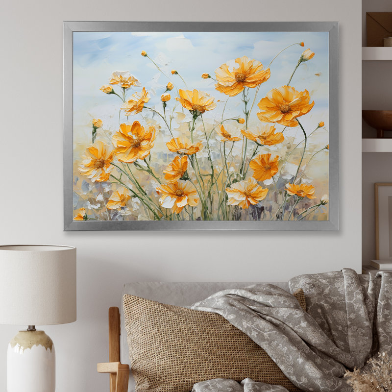 Charme de souci jaune discret II sur toile, Cadre simple argenté, H 12 po x l 20 po x P 1 po