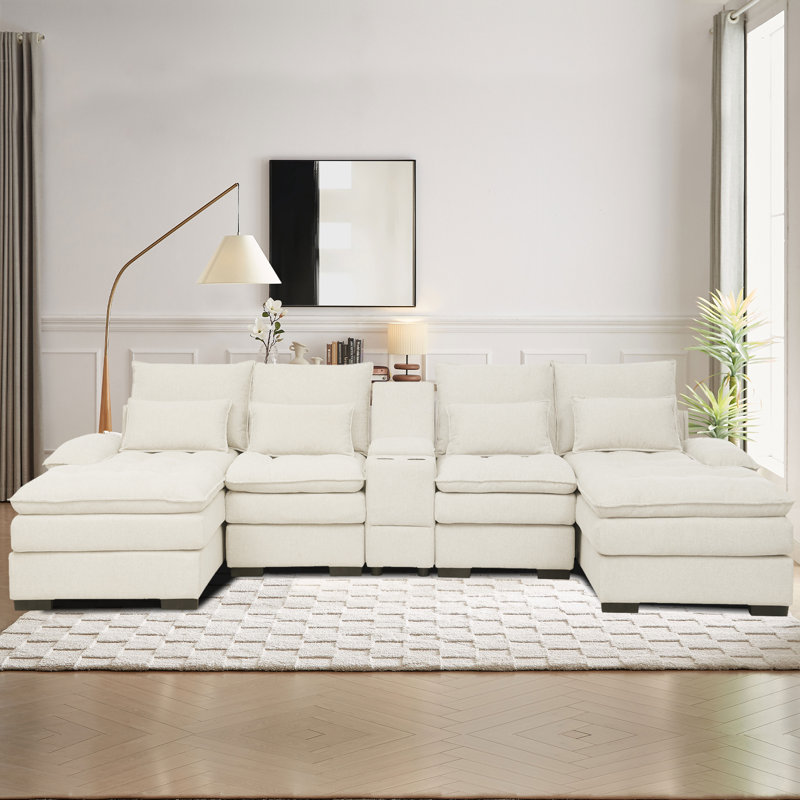  Alhertine Beige U-Shape Couch with Comfy Armrests & Seat Sectionals ,Console storage and Cup Holders, Beige Linen