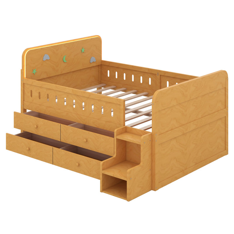 Structure de lit double en bois avec tête de lit à DEL, 4 tiroirs de rangement et échelle, conception peu encombrante pour la chambre à coucher