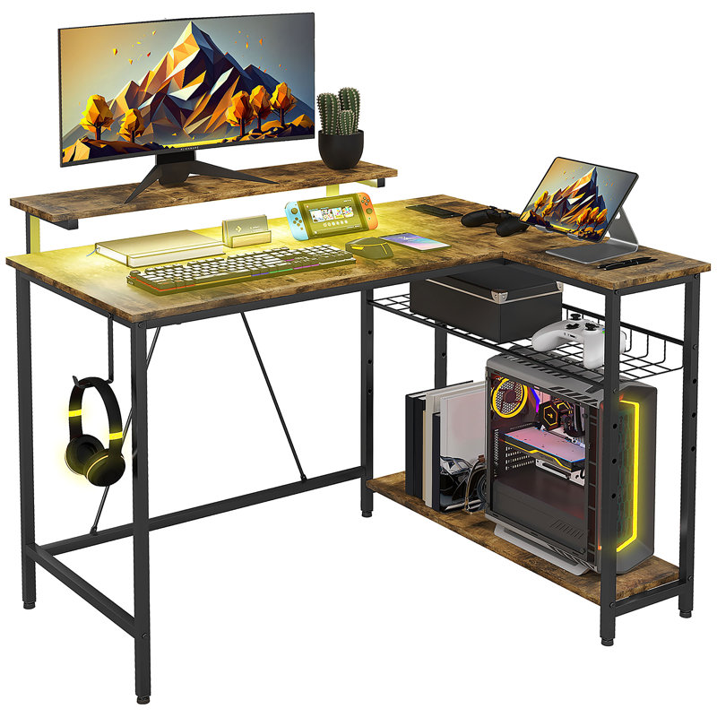 Bureau réversible en L avec éclairage, prises de courant, ports USB, bureau d'angle avec rangement