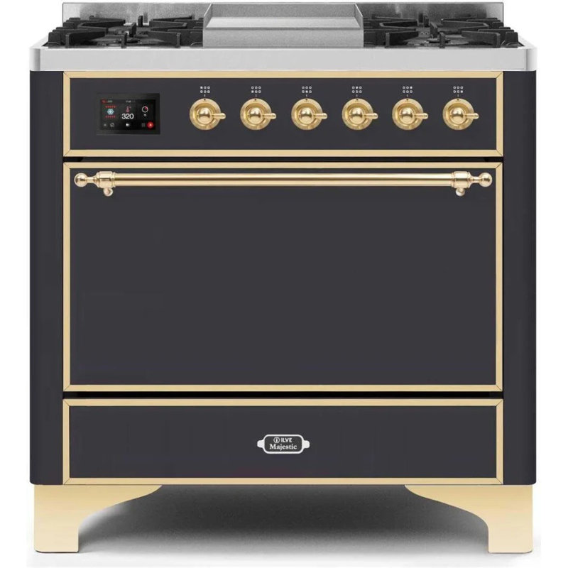 ILVE Majestic II Series 36 inch Dual Fuel Range with 6 Sealed Burners, Griddle (Solid Door), Matte Graphite/Brass