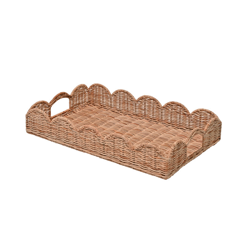 Scalloped 21.5" Southwestern Cottage Hand-Woven Rattan Tray with Handles, Light Brown