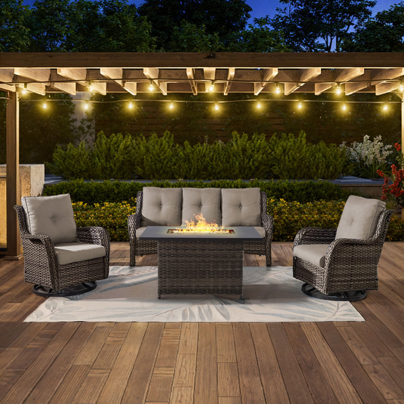 Deb 4-Pieces Outdoor PE Wicker Patio Conversation Set with Fire Pit and Cushions, Gray, Gray