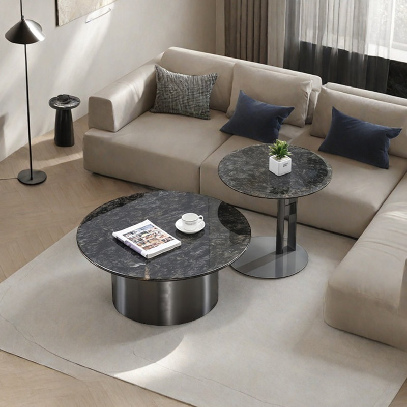Ensemble de tables basses rondes en marbre, H 13,8 po x L 35,4 po x l 35,4 po, Gris, Gris