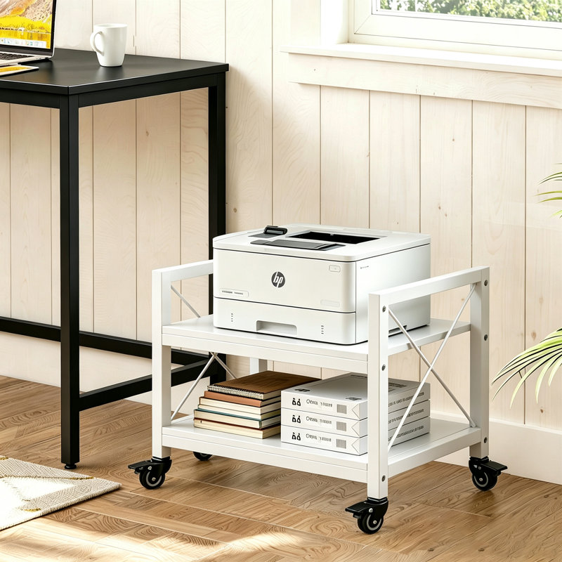 Support d'imprimante de bureau à 2 niveaux en bois d'ingénierie industrielle - Durable, compact, plates-formes réglables, roulettes, assemblage requis. Support de photocopieur sous bureau spécialisé.