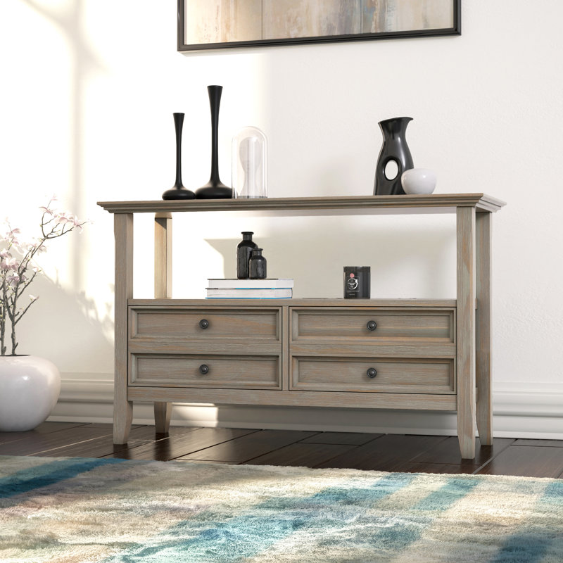 Table de canapé en bois massif Amherst de 48 po de largeur avec 2 tiroirs profonds et grande tablette ouverte, Gris patiné