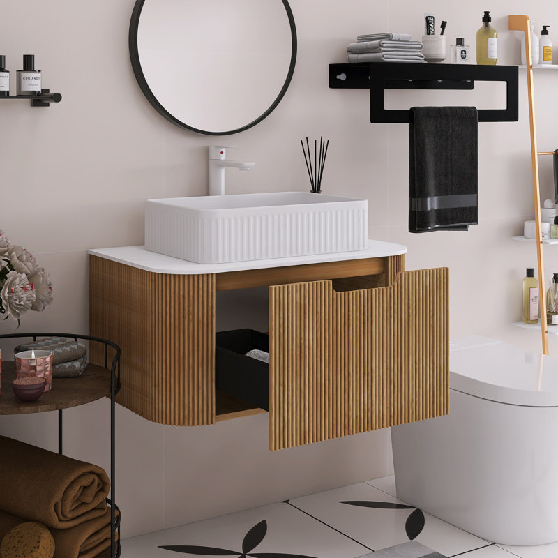 Meuble-lavabo mural de 30 po avec bords arrondis et conception rayée, armoire de rangement avec tiroir, lavabo rectangulaire en céramique blanche.