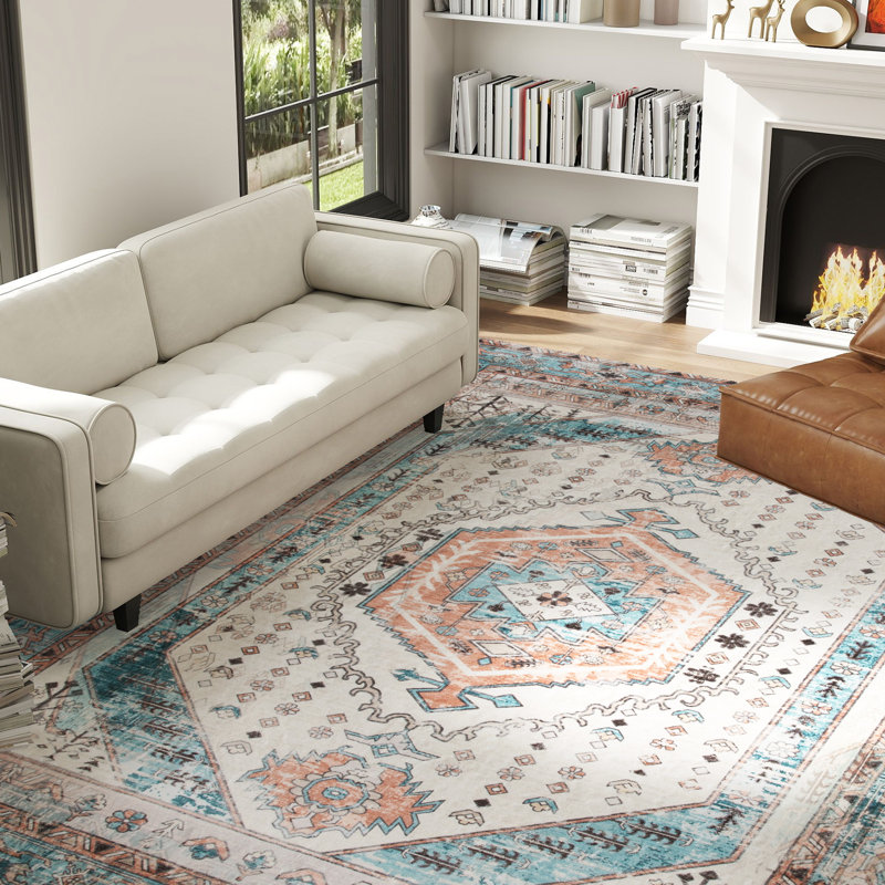  Vintage Machine Washable Rug, Non-Slip Floor Carpet for Living Room, Bedroom, Dining Room, Home Office, Brown and Blue