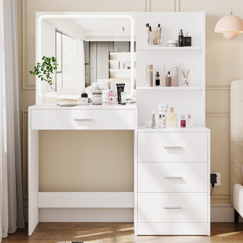 Kimbereley Makeup Vanity with 3-Color Dimmable Lighted Mirror, Side Storage Shelf & 4 Drawers, White