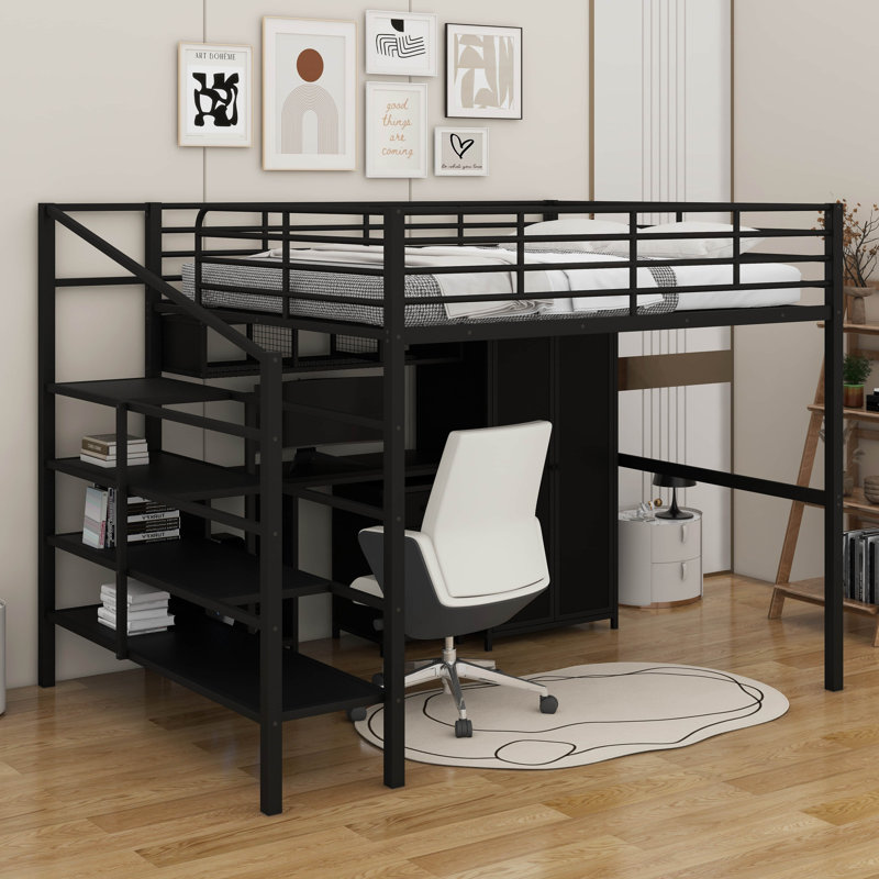 Lit mezzanine double en métal avec ensemble de table et garde-robe