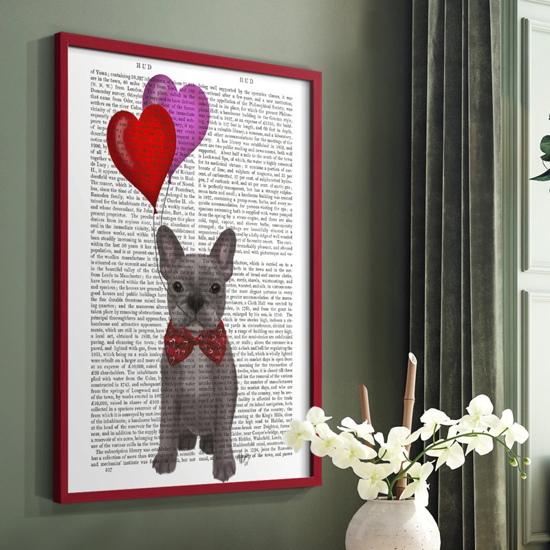 Bouledogue français et ballons français, reproduction encadrée, Cadre simple rouge, H 10 po x l 8 po