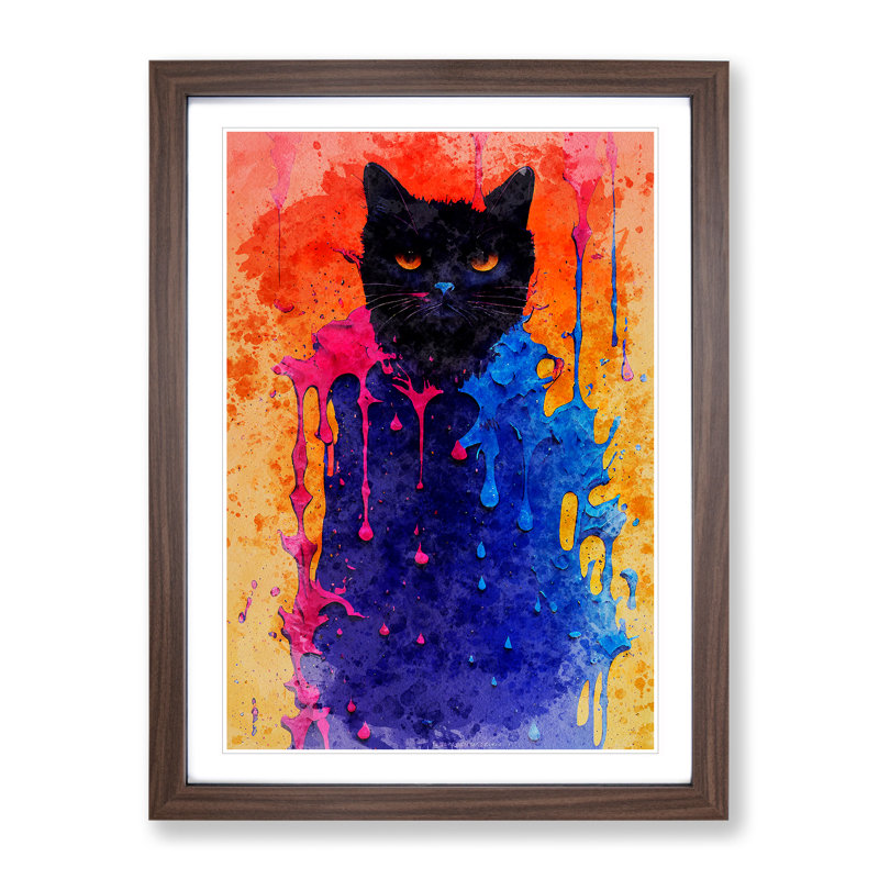 XV1022-3304X Painted Cat No.4 - Single Picture Frame Painting, 64cm H x 46cm W x 2cm D, Walnut