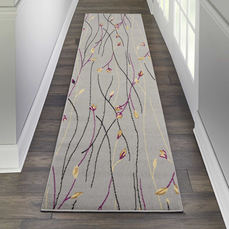 Tapis gris à motif floral Aratrika, Tapis de couloir 2 pi 3 po x 7 pi 6 po