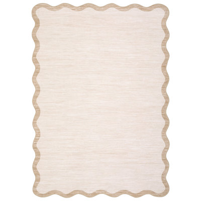 10x13ft Washable Area Rug, Scalloped Edge Low Pile Non-Slip Modern Carpet, Beige