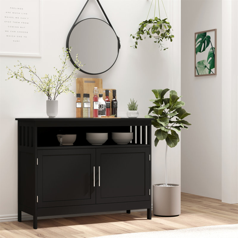 Sideboard Buffet Cabinet, Modern Kitchen Cabinet, Coffee Bar Cabinet With 2-Level Shelf And Open Compartment, Black