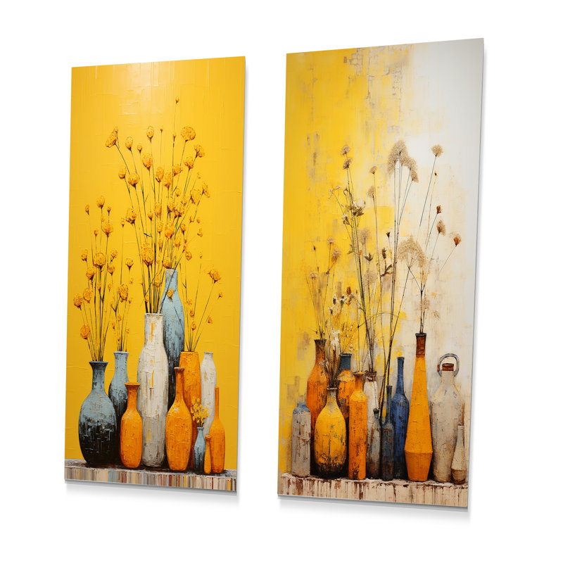 Minimalisme - Poteries jaunes abstraites - ensemble de 2 reproductions d'art en métal, H 32 po x l 32 po