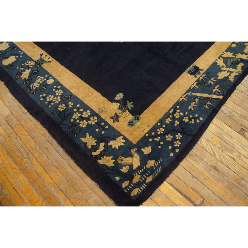 Blue Ivory Beige Cream White Hand Knotted Pile Wool 1920s Antique Rectangle Rug