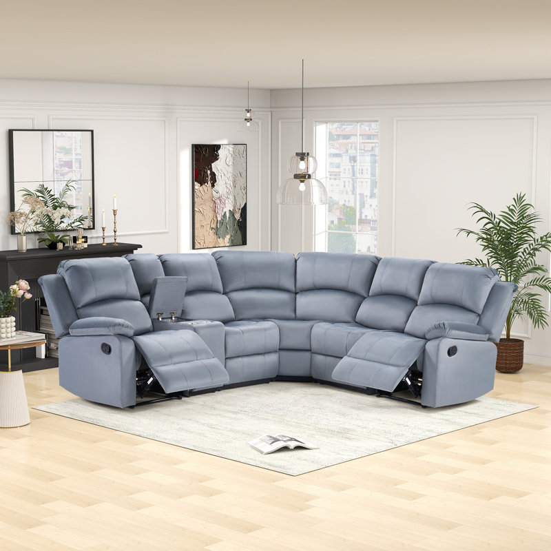 Canapé d'angle inclinable en L 6 pièces avec console de rangement et porte-gobelets 6 pièces, Microfibre bleu-gris