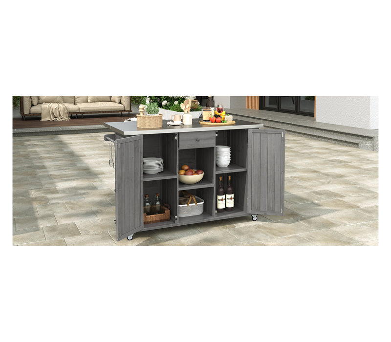 Outdoor Kitchen Island with Stainless Steel Top - Fir Wood Patio Cooking Station with Ample Storage, Towel/Spice Racks and Lockable Wheels, Grey