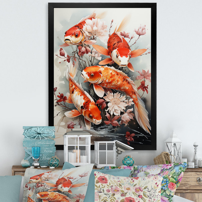 Pêche, pêche d'art contemporain Koi, H 44 po x l 34 po x P 1,5 po, Cadre photo noir