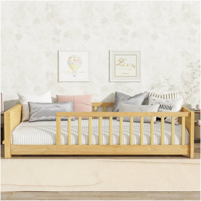 Twin Size Floor Platform Bed With Built-In Book Rack,Natural
