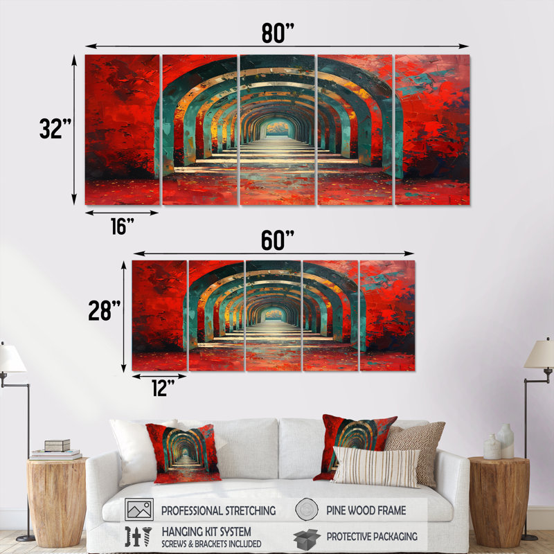 «Red Green Glowing Gateway Tunnels», ensemble d'art sur toile, H 28 po x l 60 po