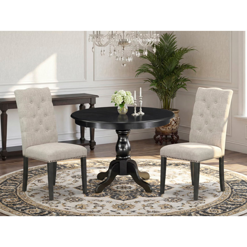 3 Piece Kitchen Table & Chairs Set Contains a Round Dining Table with Pedestal and 2 Doeskin Linen Fabric Upholstered Chairs, Wire brushed Black