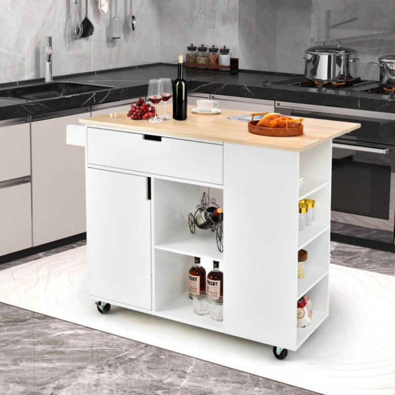 Solid Wood Top Kitchen Island, White
