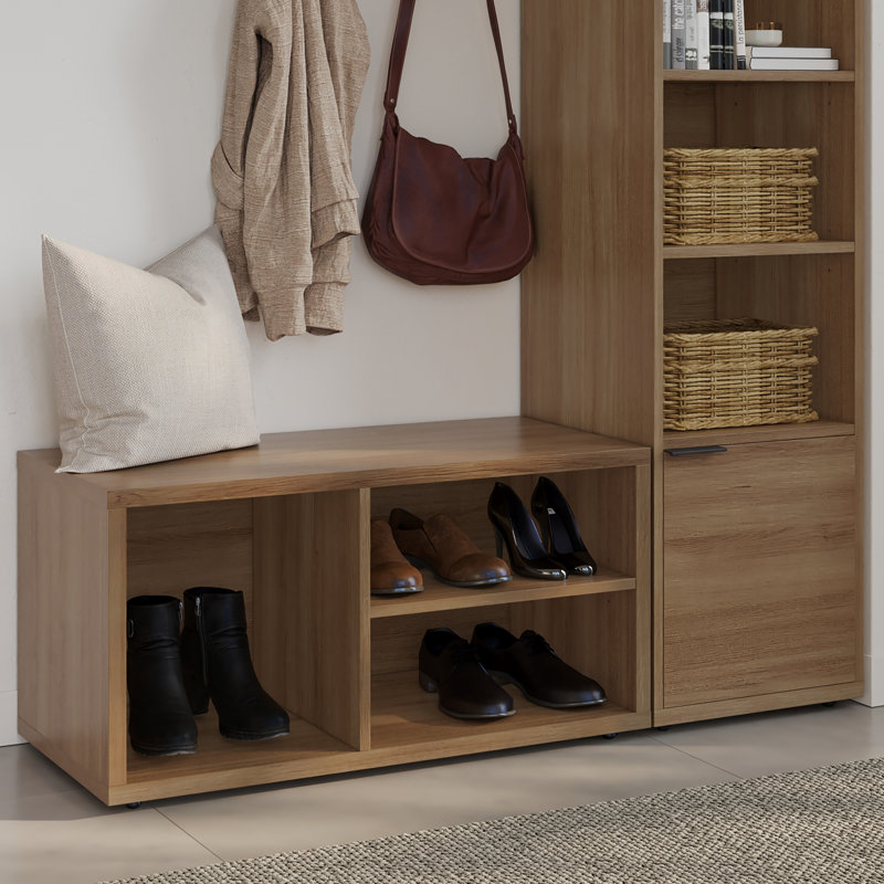 Porto Entryway Wall-Mounted Coat Rack with Storage Tower and Shoe Storage Bench, Brown