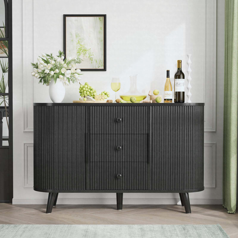 Sideboard Buffet Cabinet with Sliding Tambour Doors, 3 Drawer Storage Cabinet with Adjustable Shelves, Black