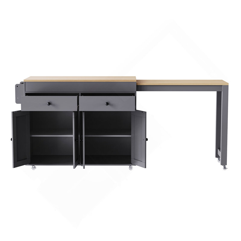 74.5 Inch Kitchen Island With Extendable Dining Table , Rolling Kitchen Island On Wheels With Spice Rack And 2 Drawers,  Kitchen Storage Cart With 4 Door Cabinet, For Kitchen, Dining Room