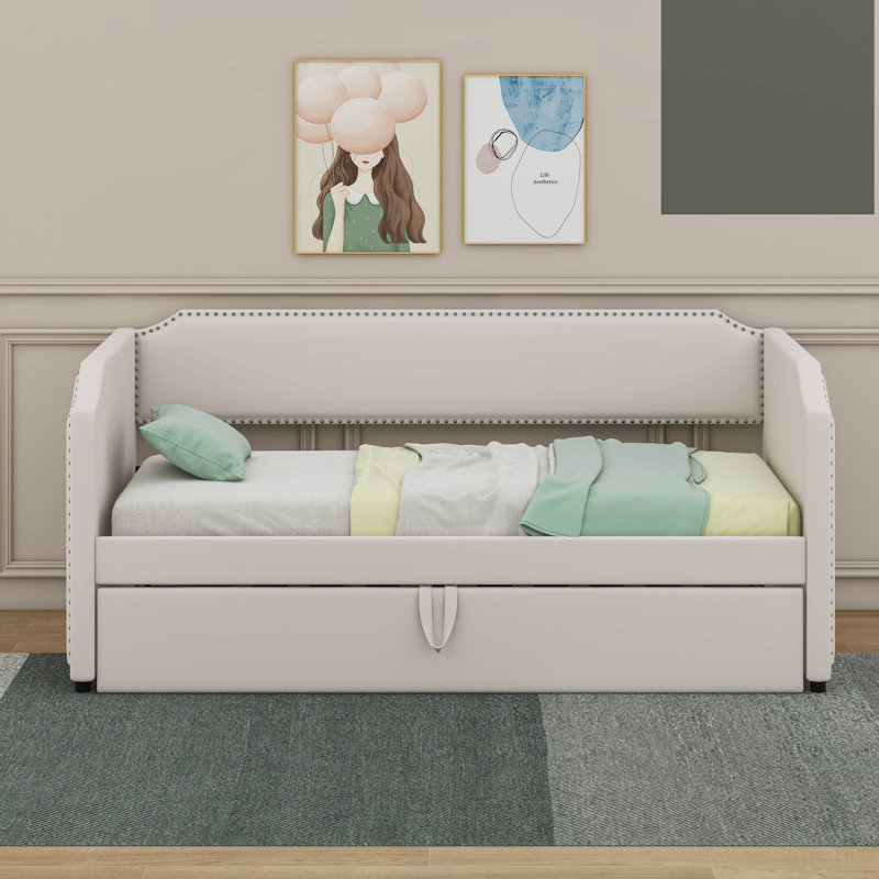 Lit de jour simple avec couchette escamotable, structure de lit de jour rembourrée en velours, Beige