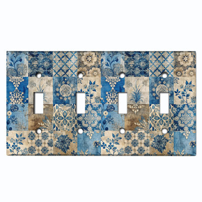 Couvercle de plaque d'interrupteur en métal; Bascule à 4 bandes US standard - damassé florale bleue rétro
