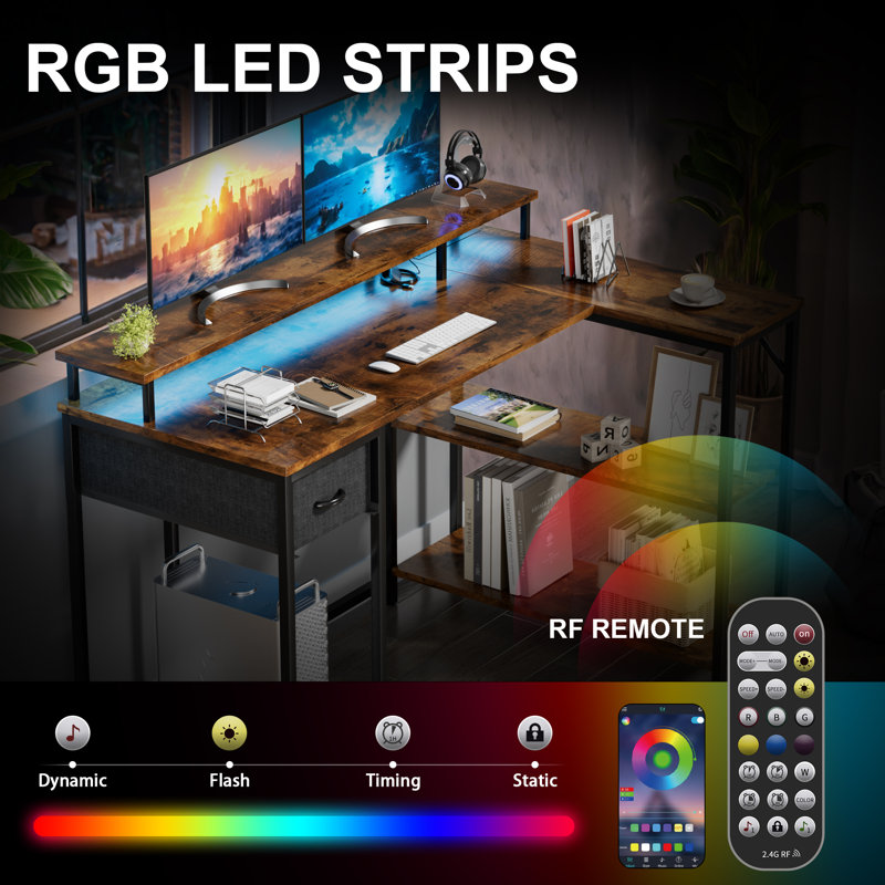Katalina 48.4"Reversible L-Shaped Desk with LED with Power Outlets and Shelves, Brown