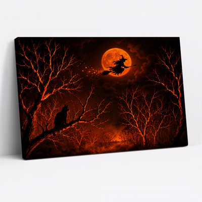 Sorcière volant sur un balai à travers la lune orange et Halloween, art mural sur toile